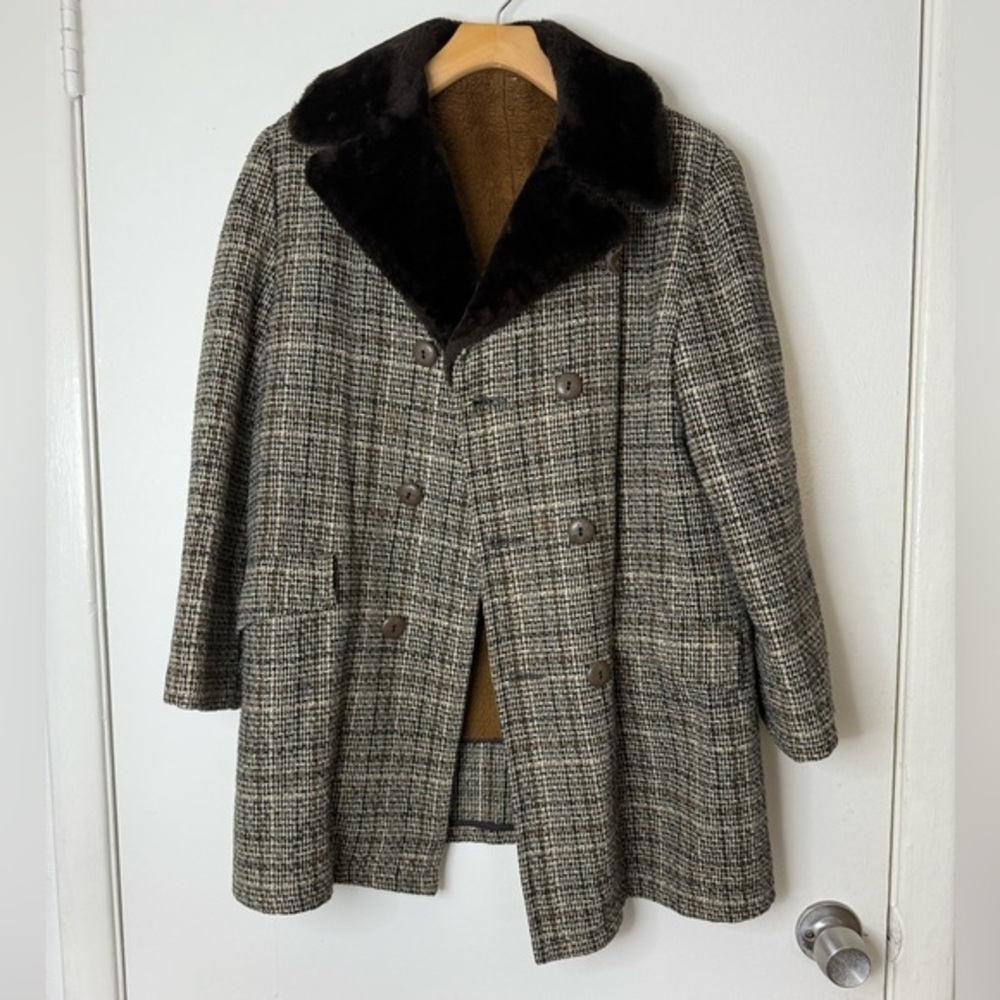 Men’s brown plaid houndstooth tweed double breasted faux fur collar Lined coat L
